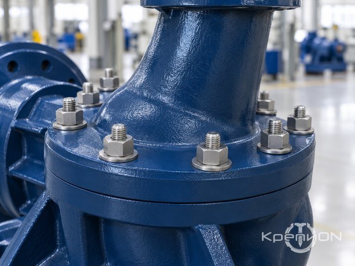 Крышка центробежного насоса притянута к чугунному корпусу шпильками ГОСТ 22036 с гайками